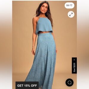 Lulu’s Lifetime Memories Lace Slate Blue Maxi Dress Skirt Set Small